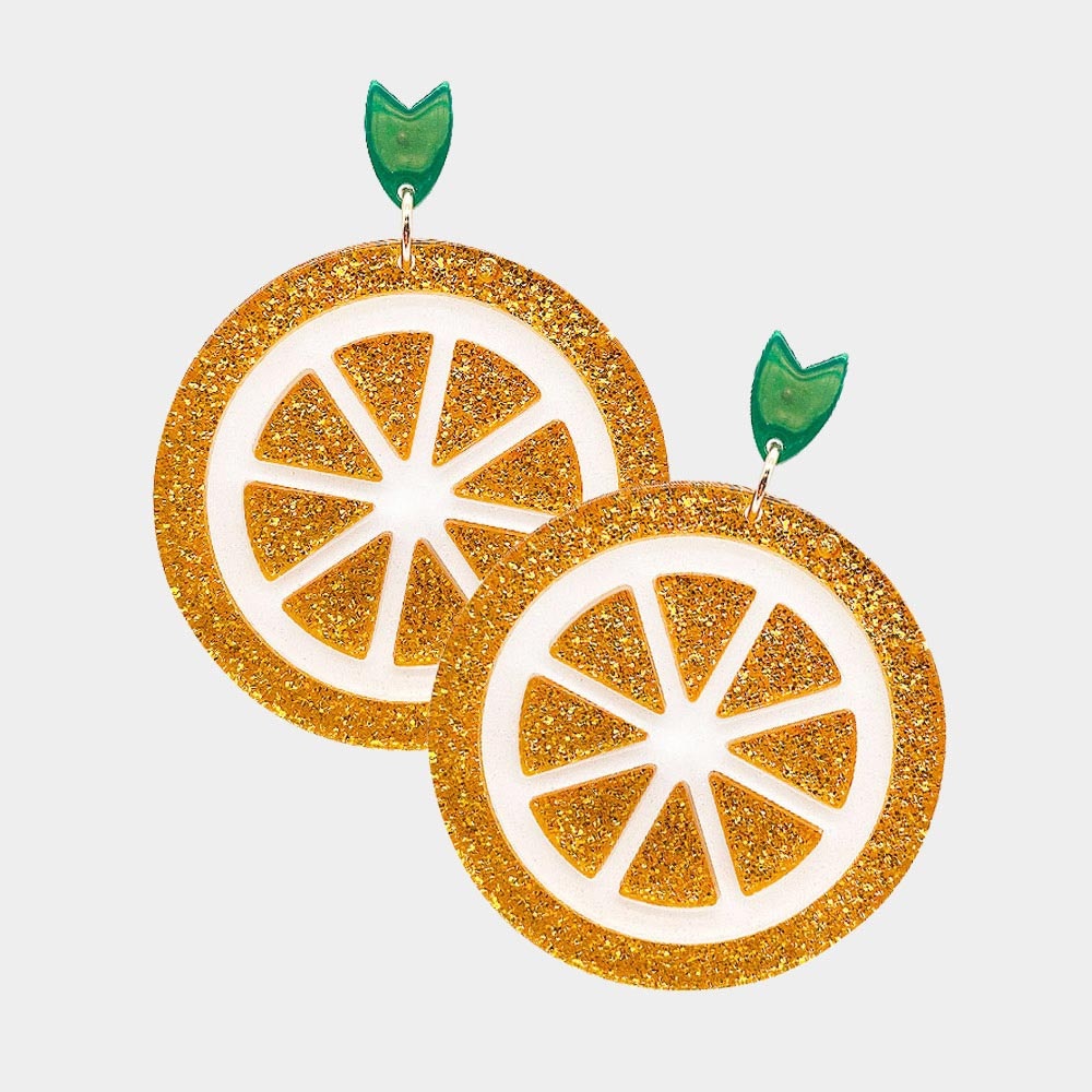 Orange Glittered Resin Lime Dangle Earrings